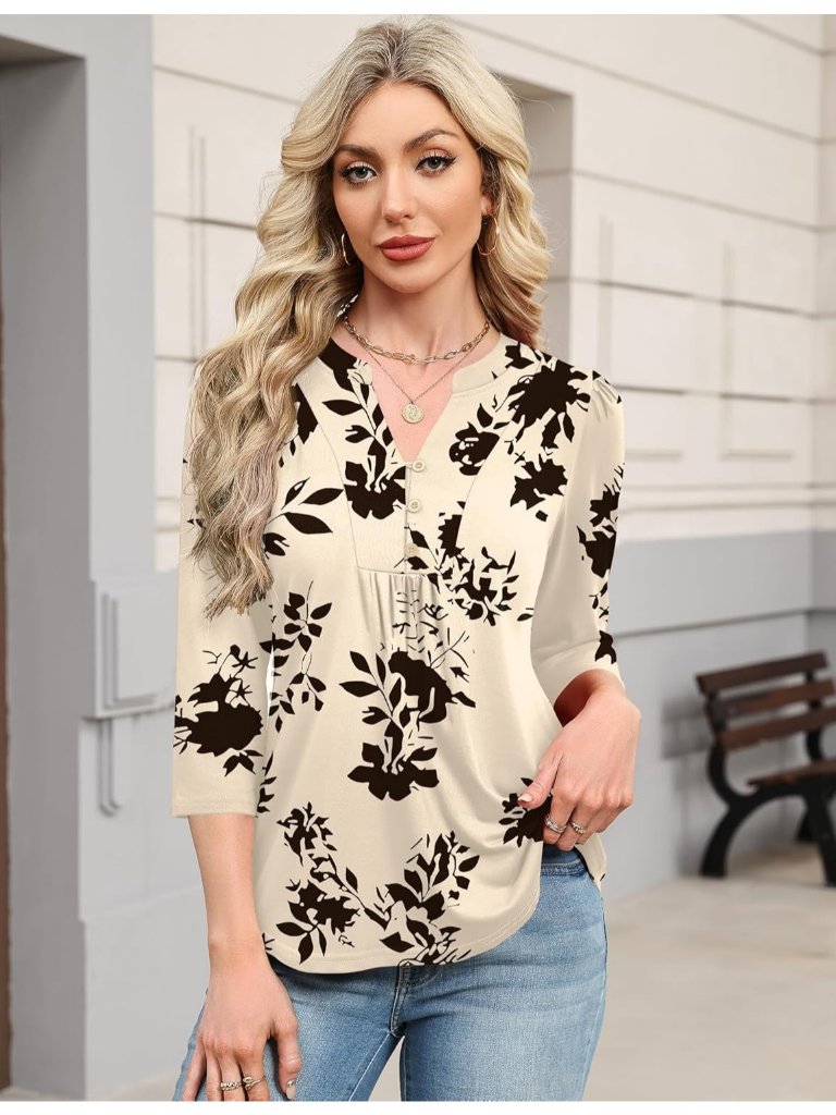 Women's Apricot Black Long Sleeve Casual Henley V-Neck Floral T-Shirts Loose Fit